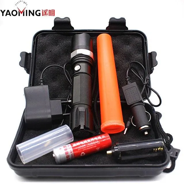 1000Lm CREE Q5 waterproof directing traffic wand torch lamp zoomable tactical police flashlight 18650 battery charger camping