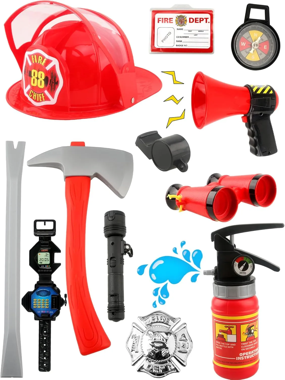 11 Pcs Child Fireman Costume Fire Fighter Role Play Toy Fireman Cosplay Dress Up Equipment Kit for Kids Halloween Party Favor Pretend Play
