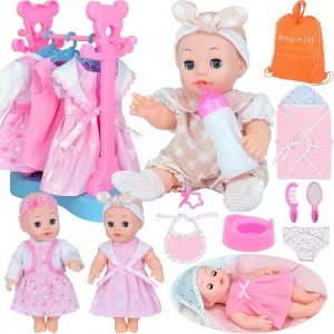 12'' Reborn Baby Doll Playset with Clothes Hanger Rack,4 Outfits, Swaddle Blanket Bib Diaper Pacifier Feeding Bottle Dress Backpack and Accessories.17 PCS Pretend Play Toy Girl Kids Gift Set