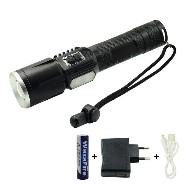 18650 LED Flashlight Hunting Fishing Torch T6   COB Lamp USB Rechargeable Waterproof Flash Light With 18650 Battery   Charger
