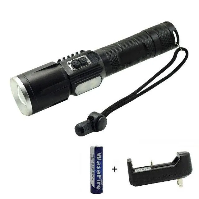 18650 LED Flashlight Hunting Fishing Torch T6   COB Lamp USB Rechargeable Waterproof Flash Light With 18650 Battery   Charger