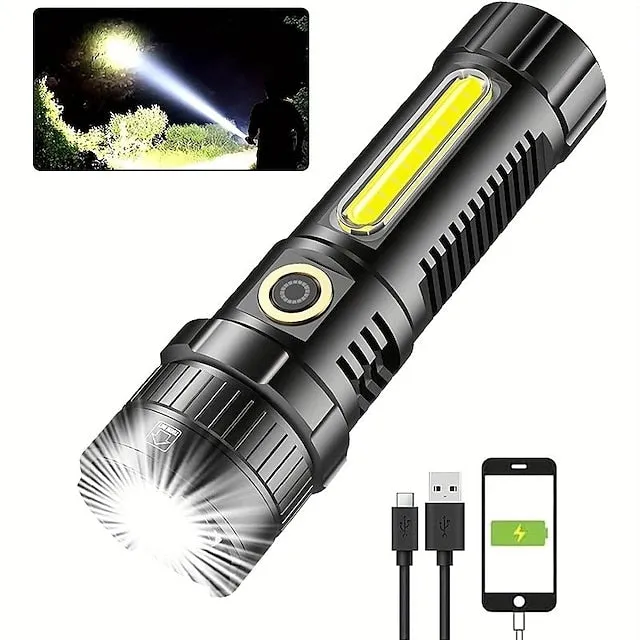 1pc LED Tactical Flashlight 90000 High Lumen, Magnetic Rechargeable Flashlight with COB Work Light, XHP70.2 Super Bright LED, Zoomable, Waterproof, 4 Modes Best LED Flash Lights for Camping, Emergency