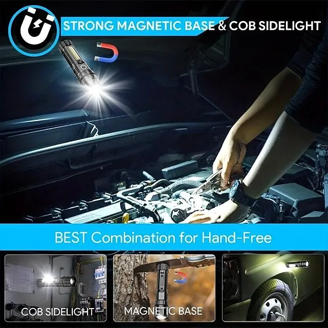1pc LED Tactical Flashlight 90000 High Lumen, Magnetic Rechargeable Flashlight with COB Work Light, XHP70.2 Super Bright LED, Zoomable, Waterproof, 4 Modes Best LED Flash Lights for Camping, Emergency