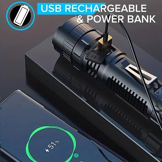 1pc LED Tactical Flashlight 90000 High Lumen, Magnetic Rechargeable Flashlight with COB Work Light, XHP70.2 Super Bright LED, Zoomable, Waterproof, 4 Modes Best LED Flash Lights for Camping, Emergency