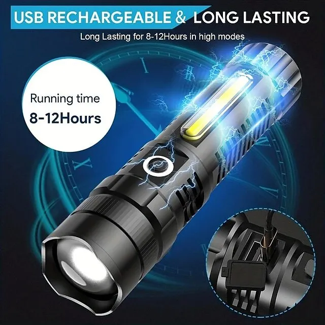 1pc LED Tactical Flashlight 90000 High Lumen, Magnetic Rechargeable Flashlight with COB Work Light, XHP70.2 Super Bright LED, Zoomable, Waterproof, 4 Modes Best LED Flash Lights for Camping, Emergency