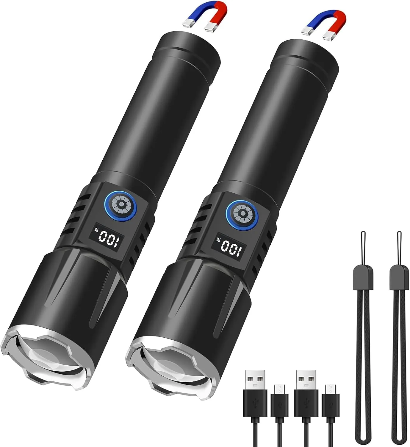 2 Pack Rechargeable Flashlights High Lumens, Magnetic Flashlight Super Bright Small Emergency Flash Light with LCD Digital Power Display,5 Modes Zoomable Tactical Flashlight for Home Camping Hiking