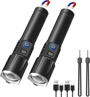 2 Pack Rechargeable Flashlights High Lumens, Magnetic Flashlight Super Bright Small Emergency Flash Light with LCD Digital Power Display,5 Modes Zoomable Tactical Flashlight for Home Camping Hiking