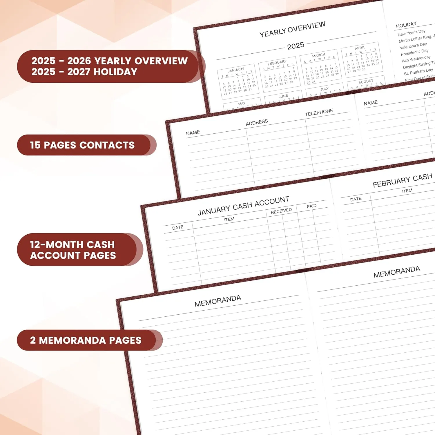 2025 Daily Planner - One Page Per Day, Jan-Dec 2025, A5 Day Planner, 5.8" x 8.4", Red