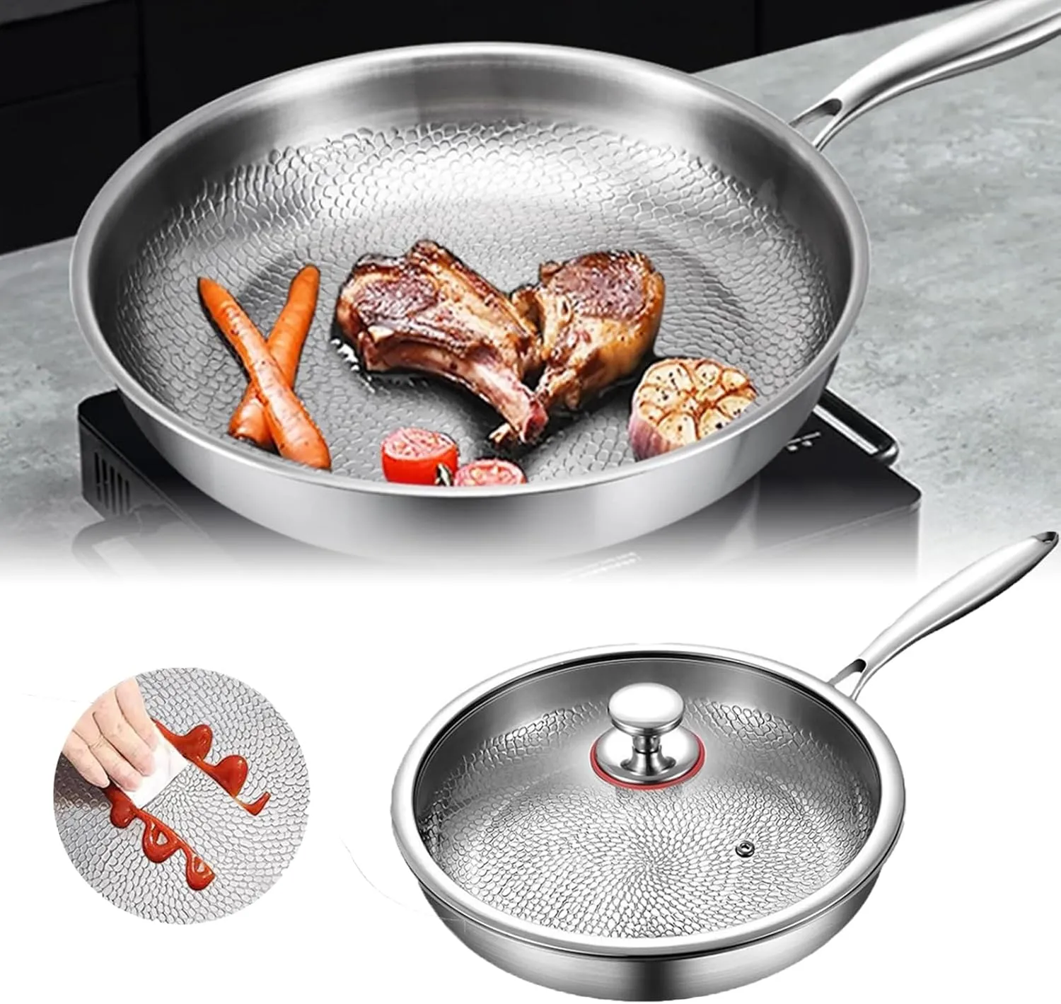 2025 New Titanium Hammered Pan Pro with Lid, Ultra-Durable Scratch-Resistant Non Stick, 100% Pure Titanium Family-Sized Healthy Cooking Pan, Even Heating for Cooking (10.24 in)