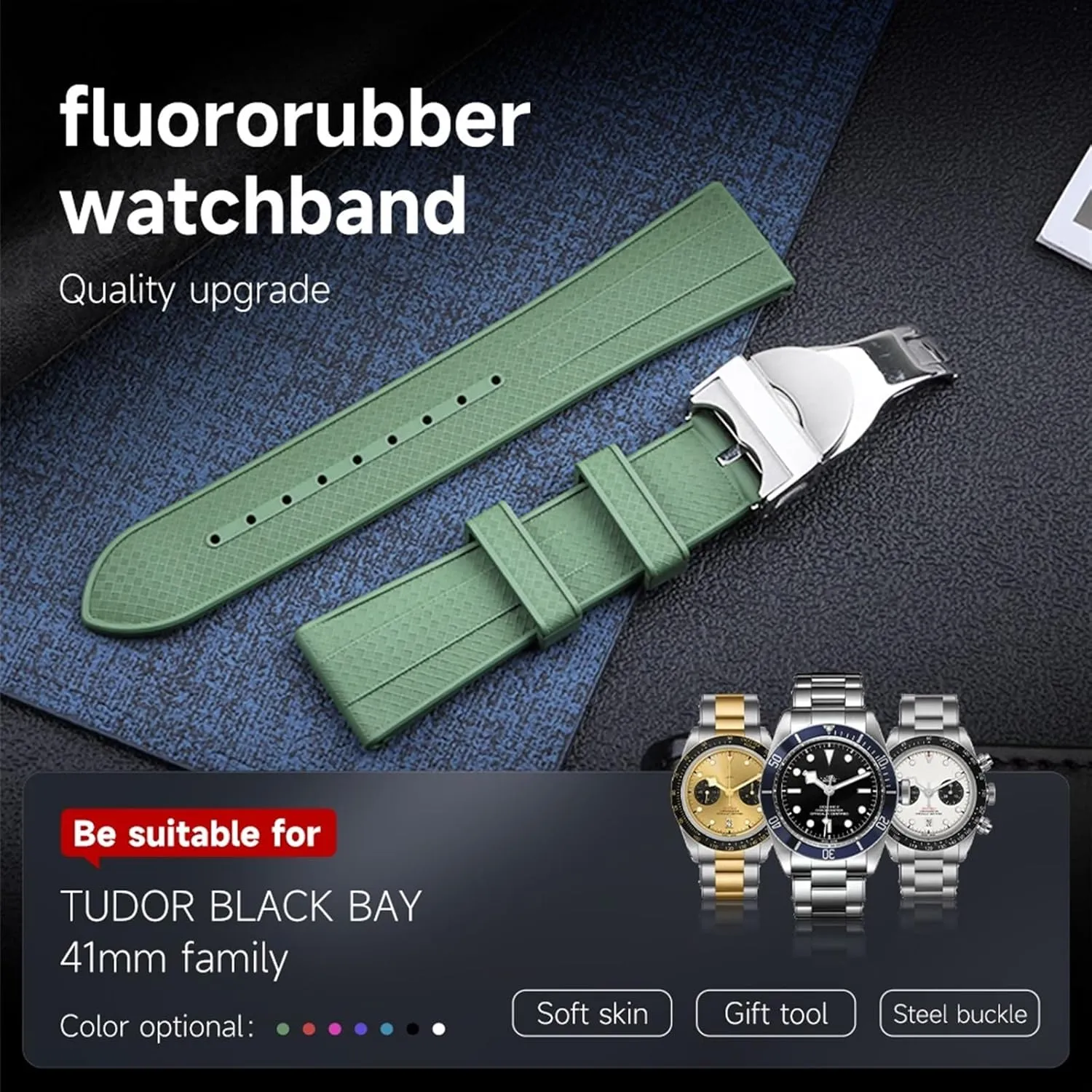 22mm Flat End Soft Fluororubber Watch Band For Strap M79360.M79363 Stainless Fold Buckle Black Bay 1958 41mm watch strap