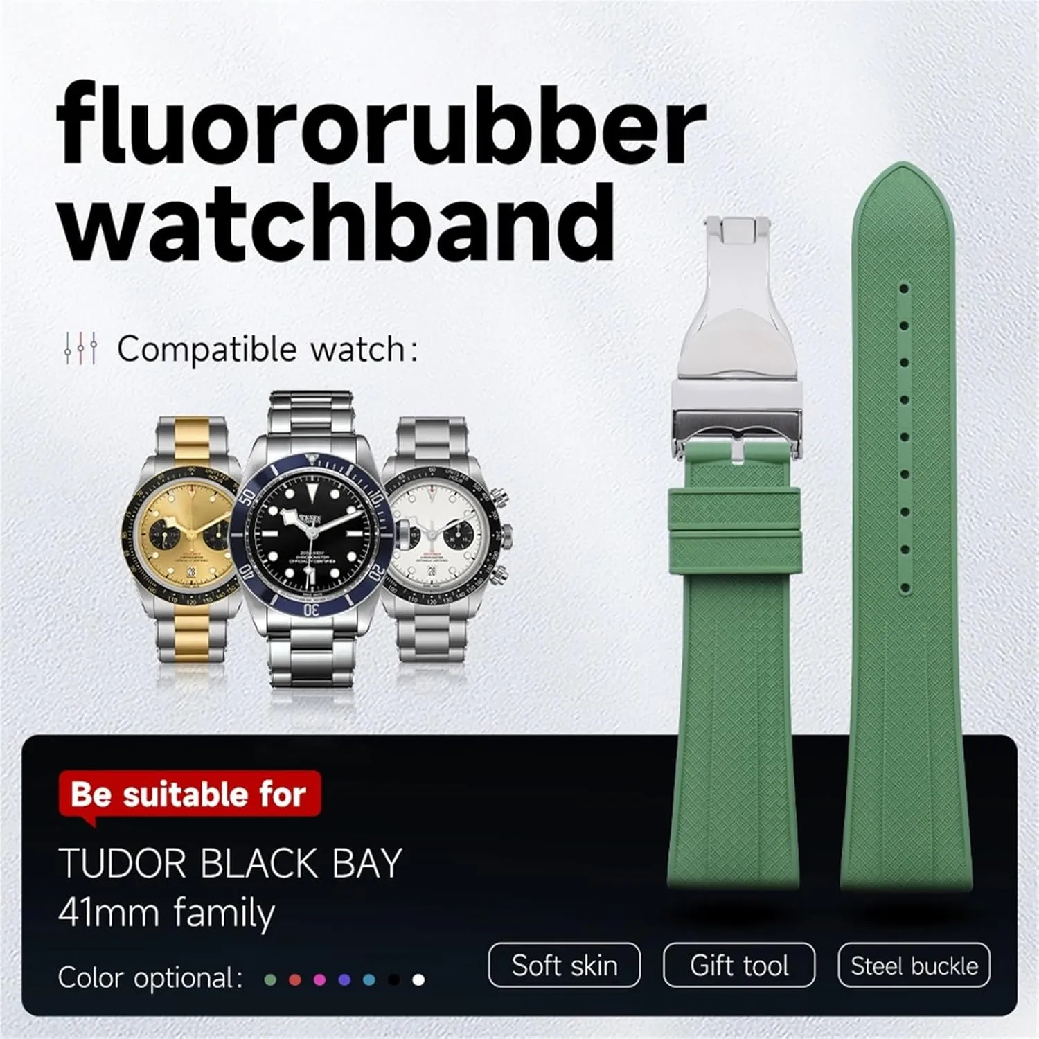 22mm Flat End Soft Fluororubber Watch Band For Strap M79360.M79363 Stainless Fold Buckle Black Bay 1958 41mm watch strap