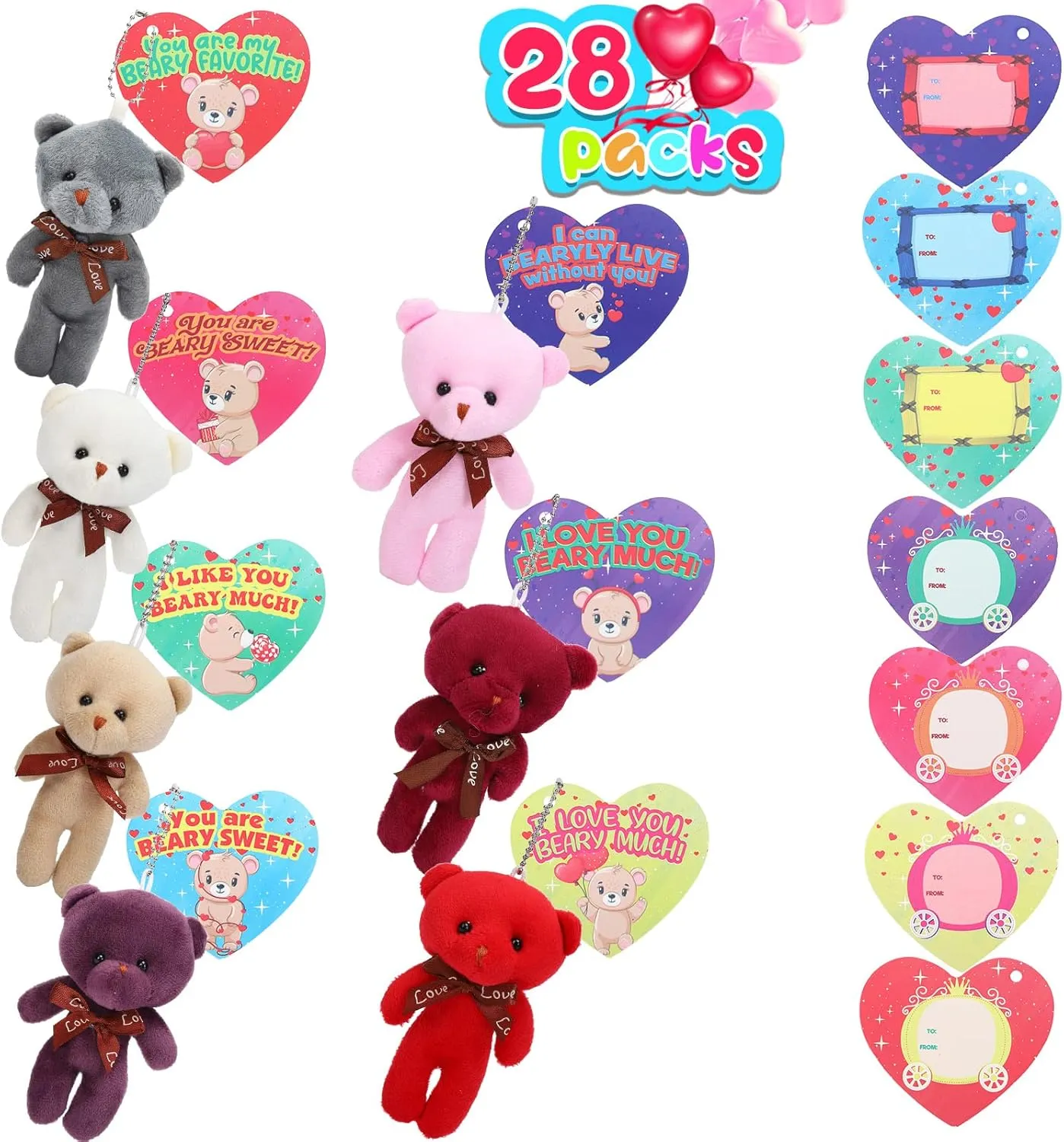 28 packs of Valentine's Day love card plush teddy bears, with a party gift heart box, children's Valentine's Day gifts, Valentine's Day classroom exchange party gifts, game prizes, and carnival gifts