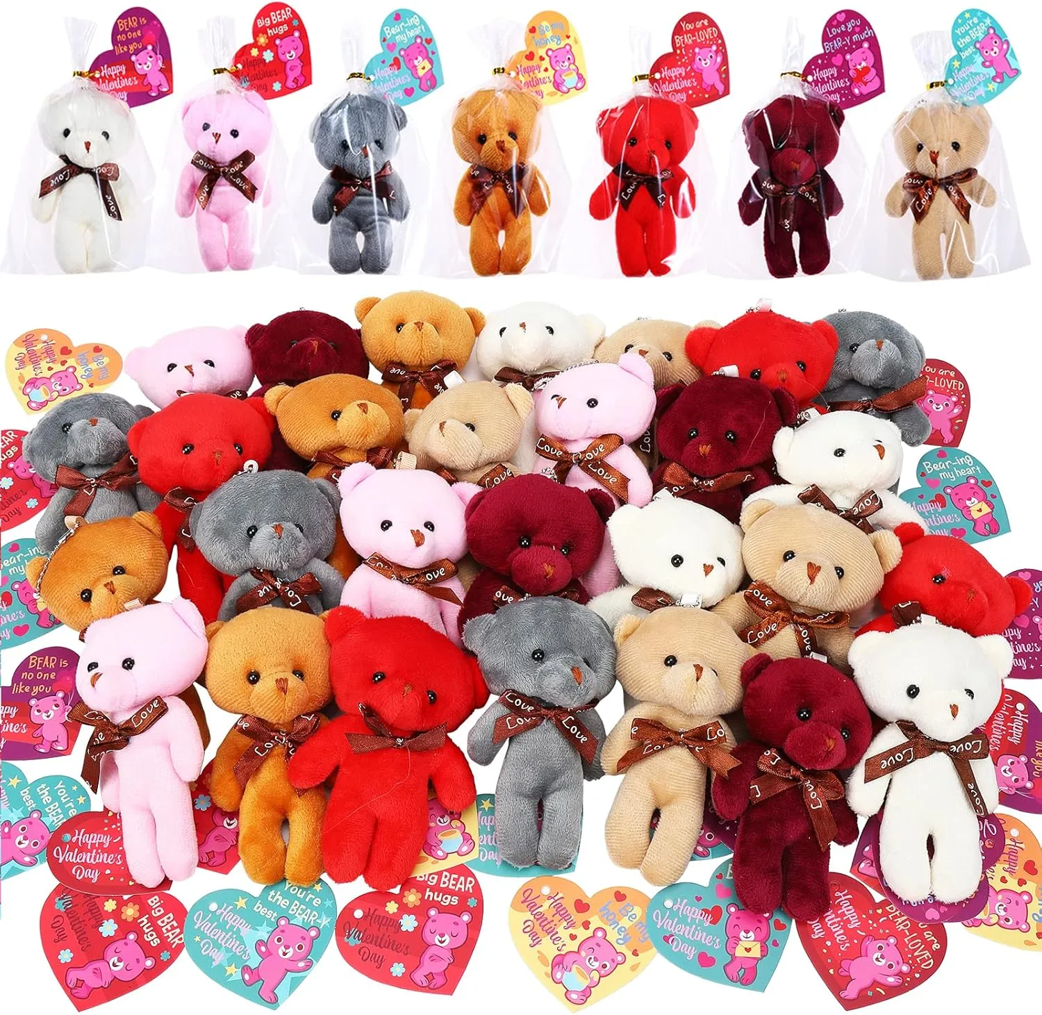 28PCS Valentines Day Gift Cards for Kids with Bear Plush Toys,Mini Stuffed Animal Plush Toys Keychains for Valentines Party Favor Supplies,Classroom Exchange,Game Prizes,Gift for boys girls