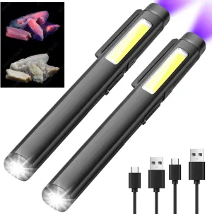 2pcs Led Pen Flashlight - Rechargeable Bright Pen Light with 365nm UV Black Light Pocket Flashlight with Clip Small Magnets EDC COB Torch for Emergency Repair Outdoor Camping
