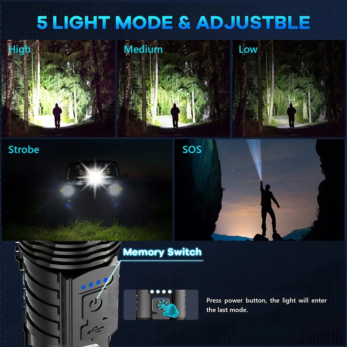 2pcs Rechargeable Zoomable Super Bright Flashlight