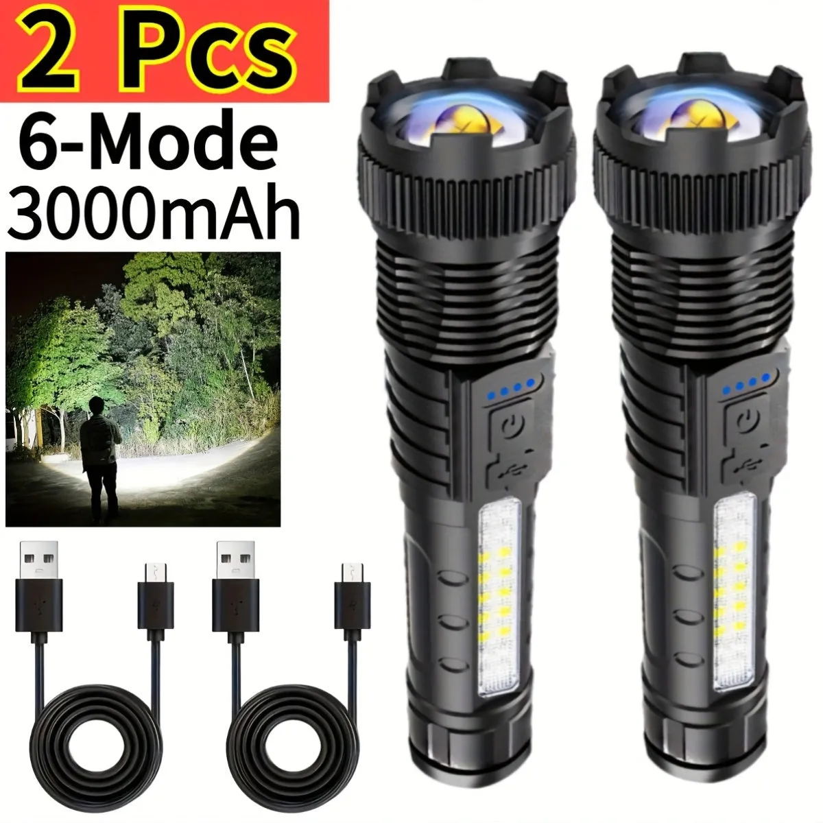 2pcs Rechargeable Zoomable Super Bright Flashlight