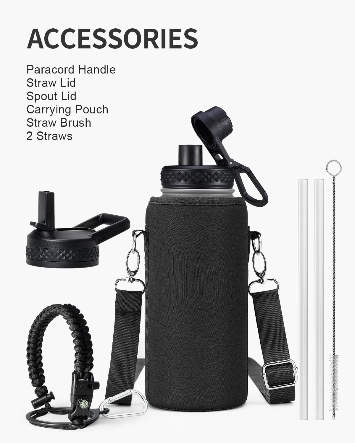 32oz Insulated Water Bottle,Stainless Steel Vacuum Water Bottle, BPA-Free & Leakproof -with Paracord Handle,Strap,Straw Spout Lids,Large Water Jug for Gym Sports