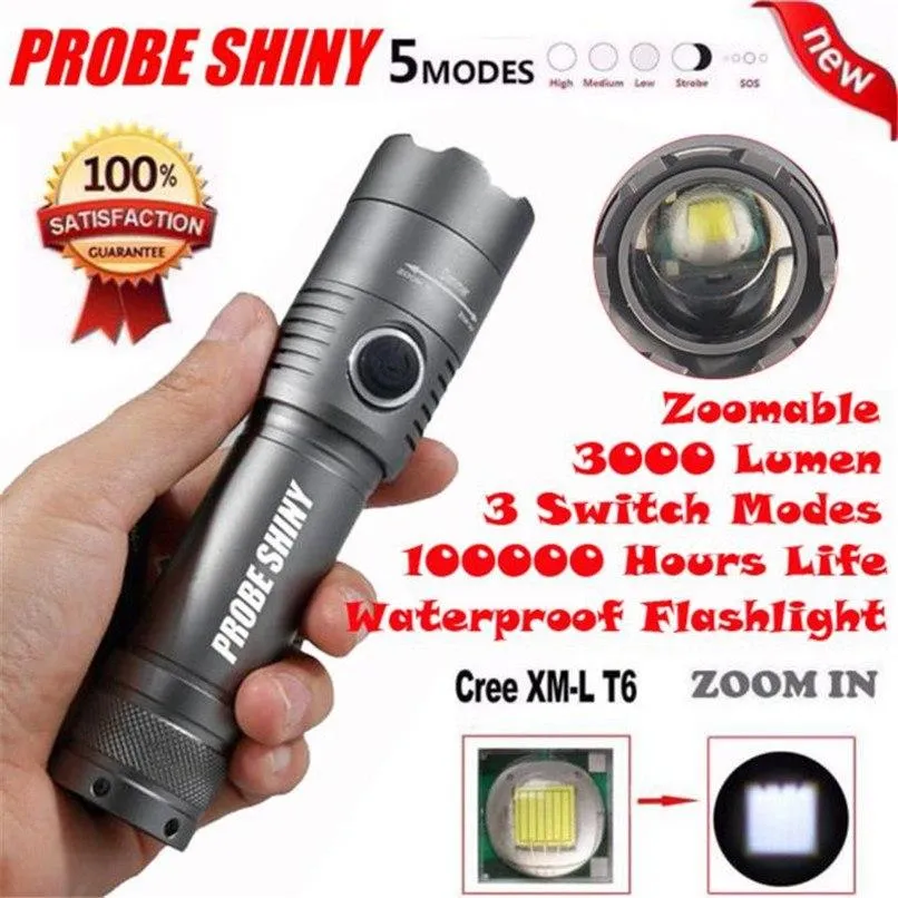 3Modes 3000LM T6 LED Zoomable Flashlight Torch Aluminum Alloy Camping Flashlight Use 1x18650 Battery Bicycle Light 40OT16