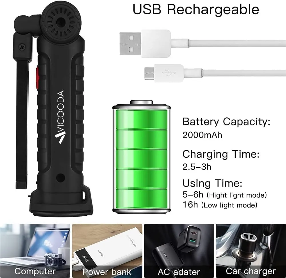 4 Pack Flashlights, LED Work Light, USB C Rechargeable Work Light with Magnetic Base and Hanging Hook, 360°Rotate 5 Modes Flashlights for Car Engines Repair, Emergency and All Tight Spots (4 Pack)