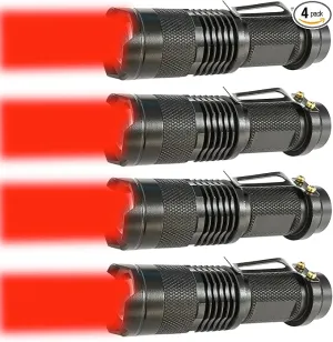 4 Pack Single Mode Red Light Flashlight Red Torch Light with Clip Zoomable Red Flashlight for Hunting Astronomy Aviation Night Observation