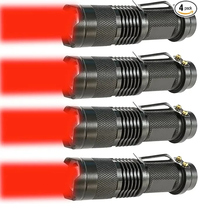 4 Pack Single Mode Red Light Flashlight Red Torch Light with Clip Zoomable Red Flashlight for Hunting Astronomy Aviation Night Observation