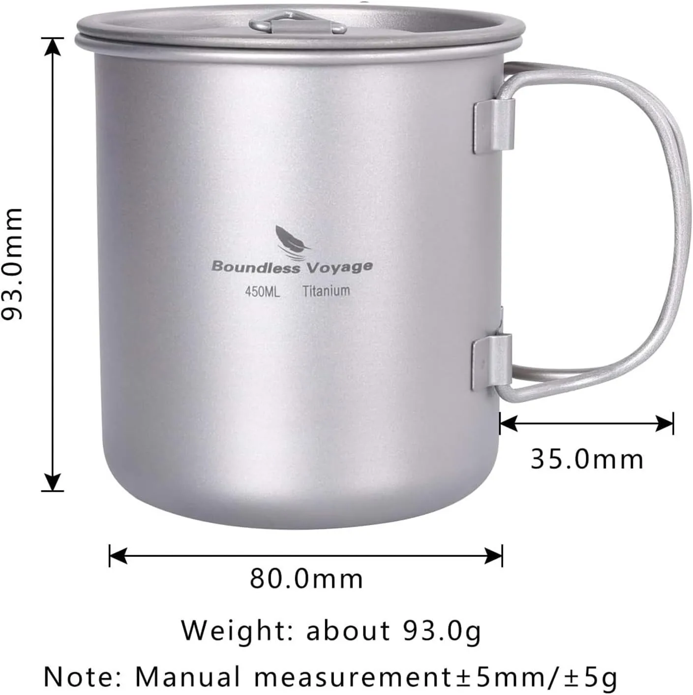 450ml Titanium Cup Portable Camping Picnic Water Cup with Lid Outdoor Ultralight Camping Drinking Cup Mug Picnic Cutlery Cookware (Ti1544C/U)