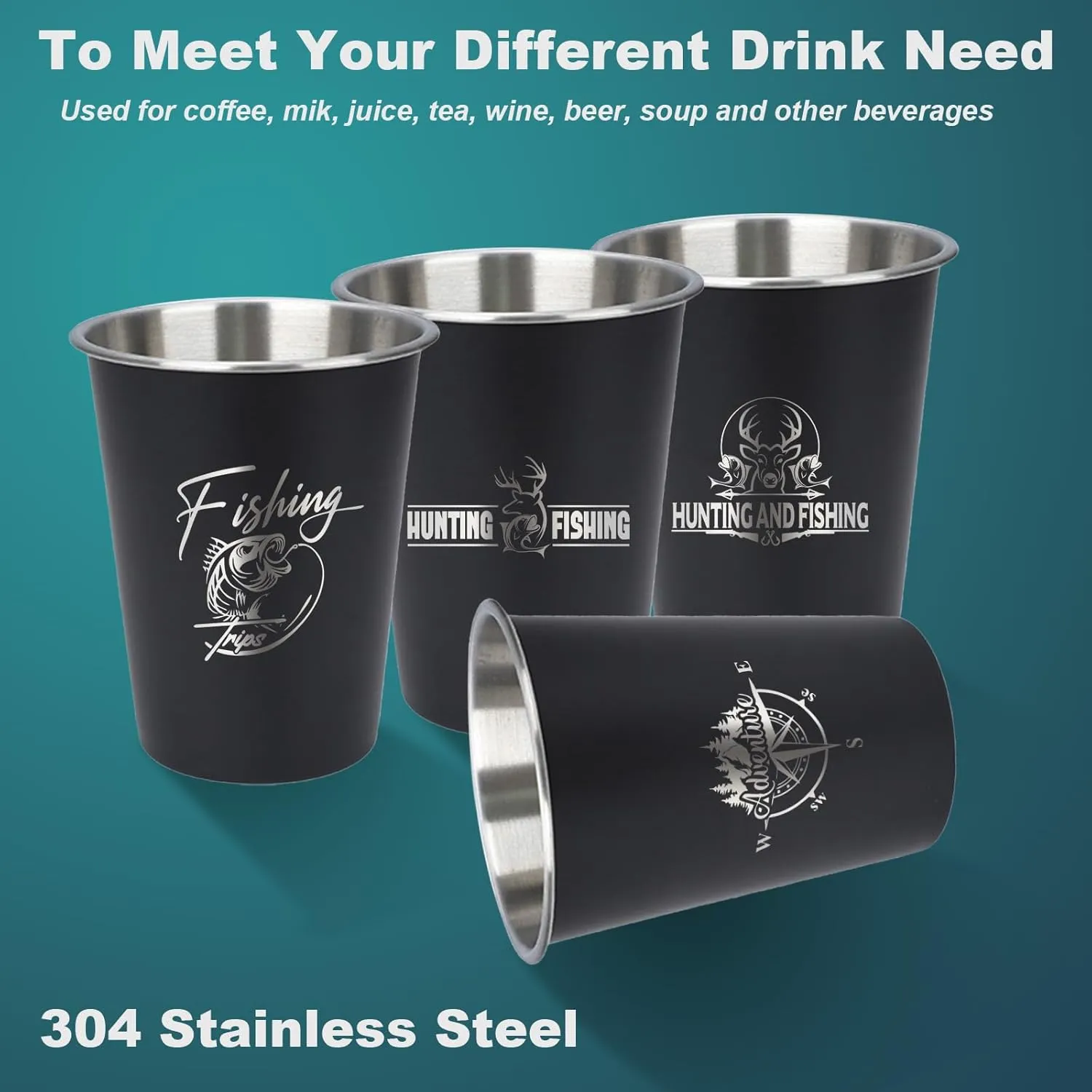 4pcs Camping Cup - Hunting and Fishing Theme 12oz Stainless Steel Camping Mug for Outdoor Picnic Hiking Fishing Tumbler