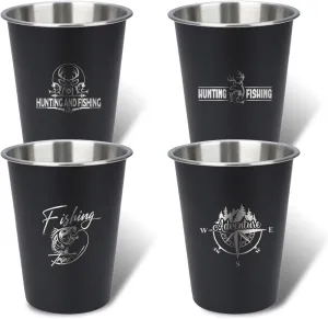 4pcs Camping Cup - Hunting and Fishing Theme 12oz Stainless Steel Camping Mug for Outdoor Picnic Hiking Fishing Tumbler