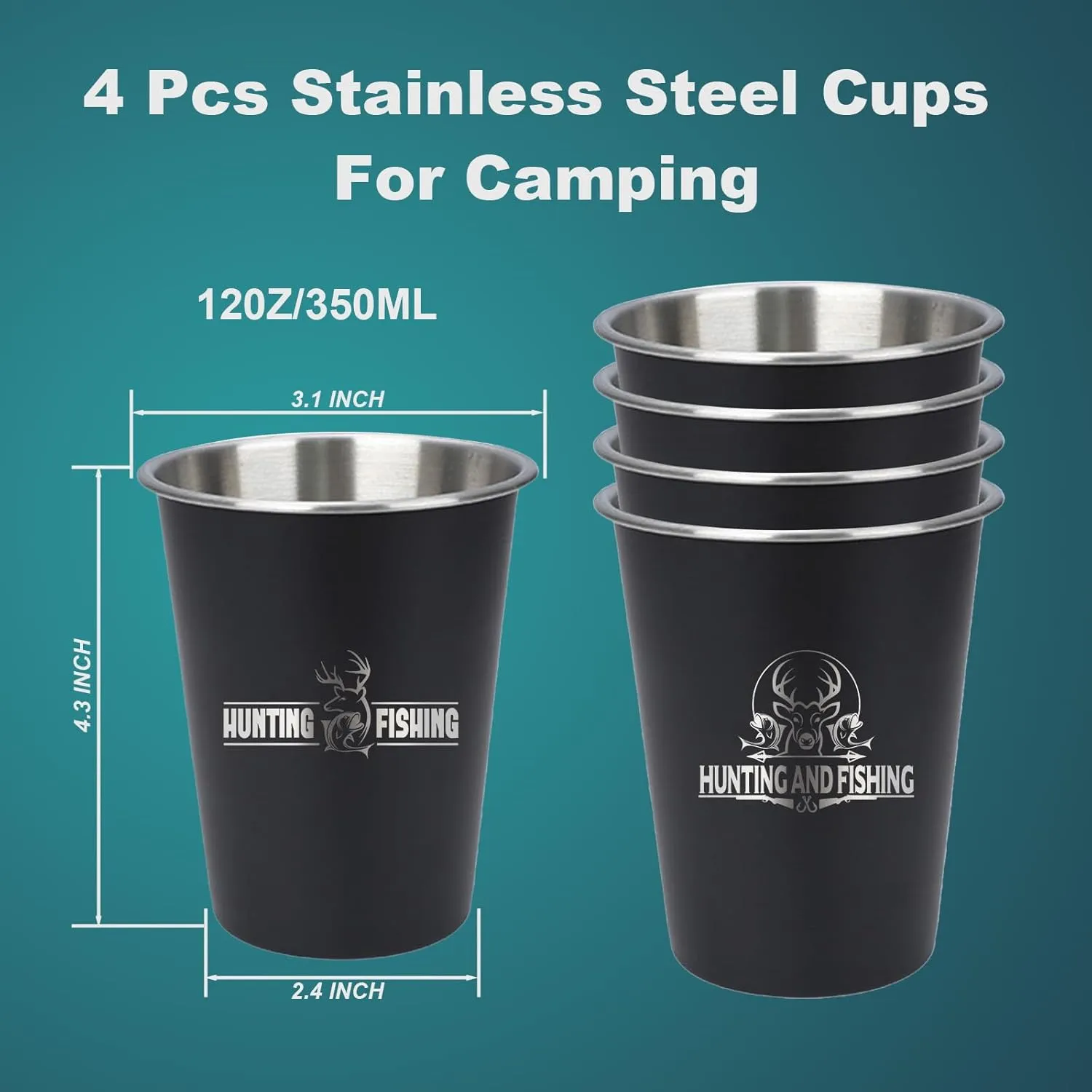 4pcs Camping Cup - Hunting and Fishing Theme 12oz Stainless Steel Camping Mug for Outdoor Picnic Hiking Fishing Tumbler