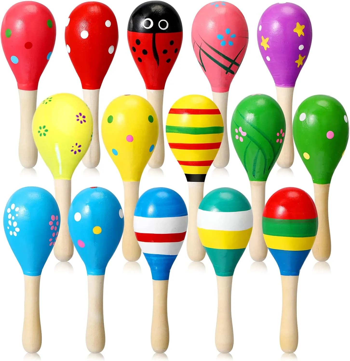 50 Pcs Mini Wooden Maracas for Kids Fiesta 17 Designs Noisemaker Mexican Cinco De Mayo Luau Party Carnivals Party Favors Musical Instruments Bulk Maracas Toys for Toddler Mexico Independence Day