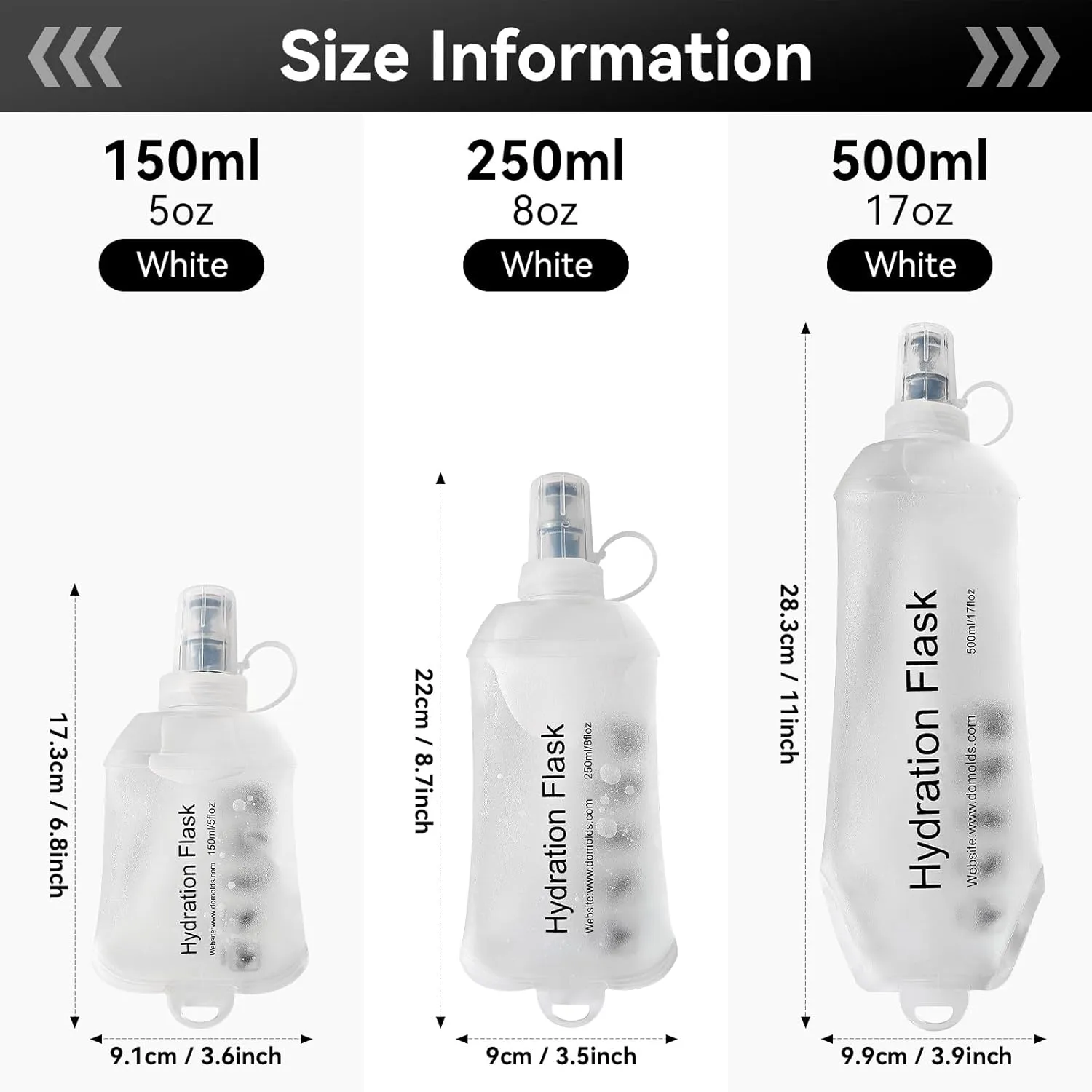500ml Soft Flask, Soft Water Bottle for Hydration Packs, Running, Hiking, Cycling and Climbing - 2Pcs White