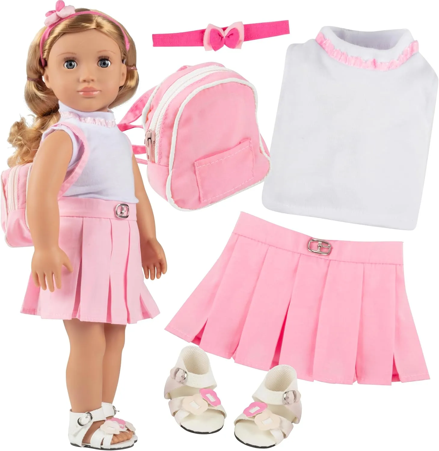 5pc Casual School 18" Doll Outfit w Pink Backpack- American Clothes & Accessories Set Includes Shirt, Skirt, Shoes, Backpack, & Hairband- Perfect Girl Gift Set for Less