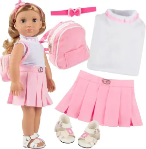5pc Casual School 18" Doll Outfit w Pink Backpack- American Clothes & Accessories Set Includes Shirt, Skirt, Shoes, Backpack, & Hairband- Perfect Girl Gift Set for Less