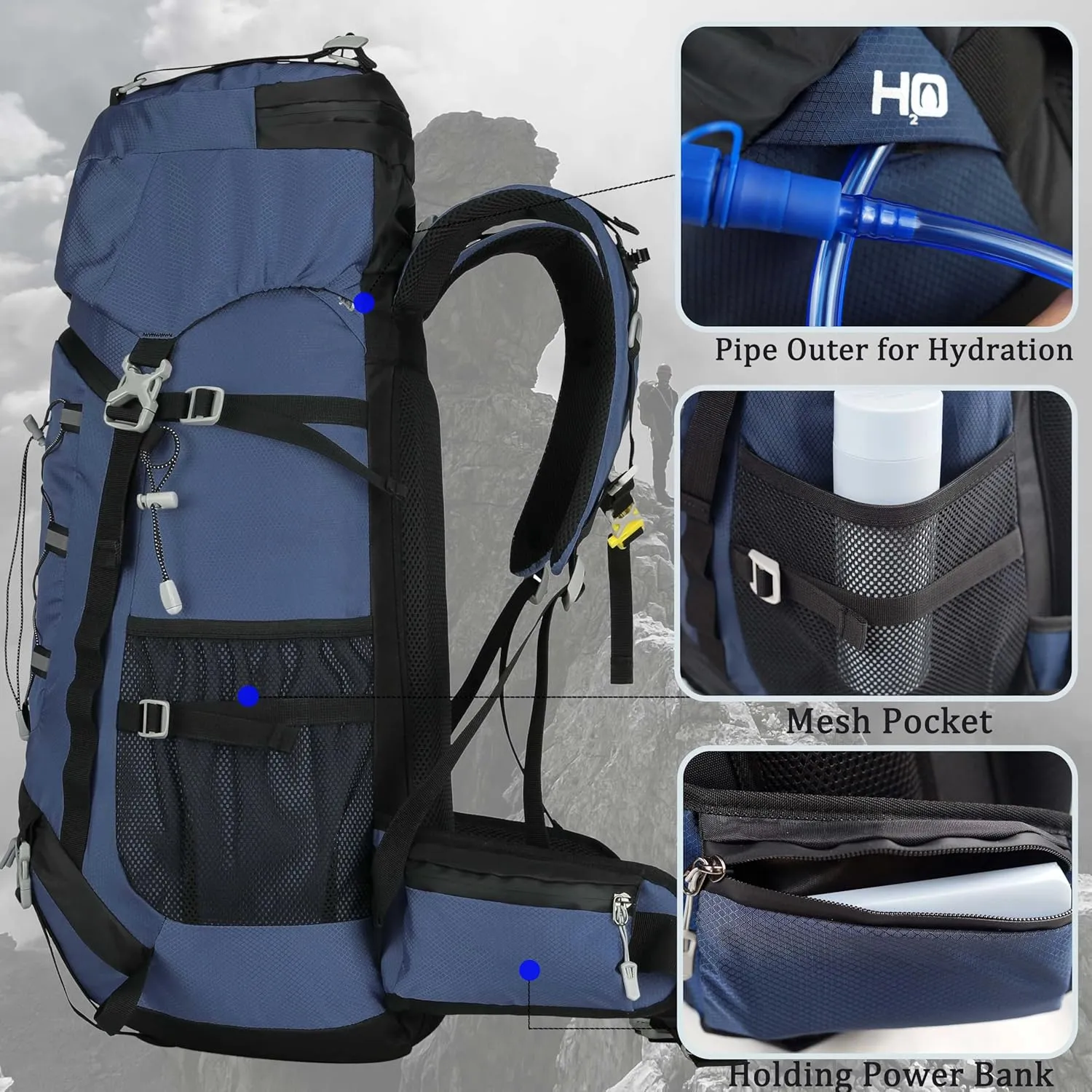 60L Travel Hiking Camping Backpack with Rain Cover, Backpack Water Resistant,Climbing Backpack for Men Women