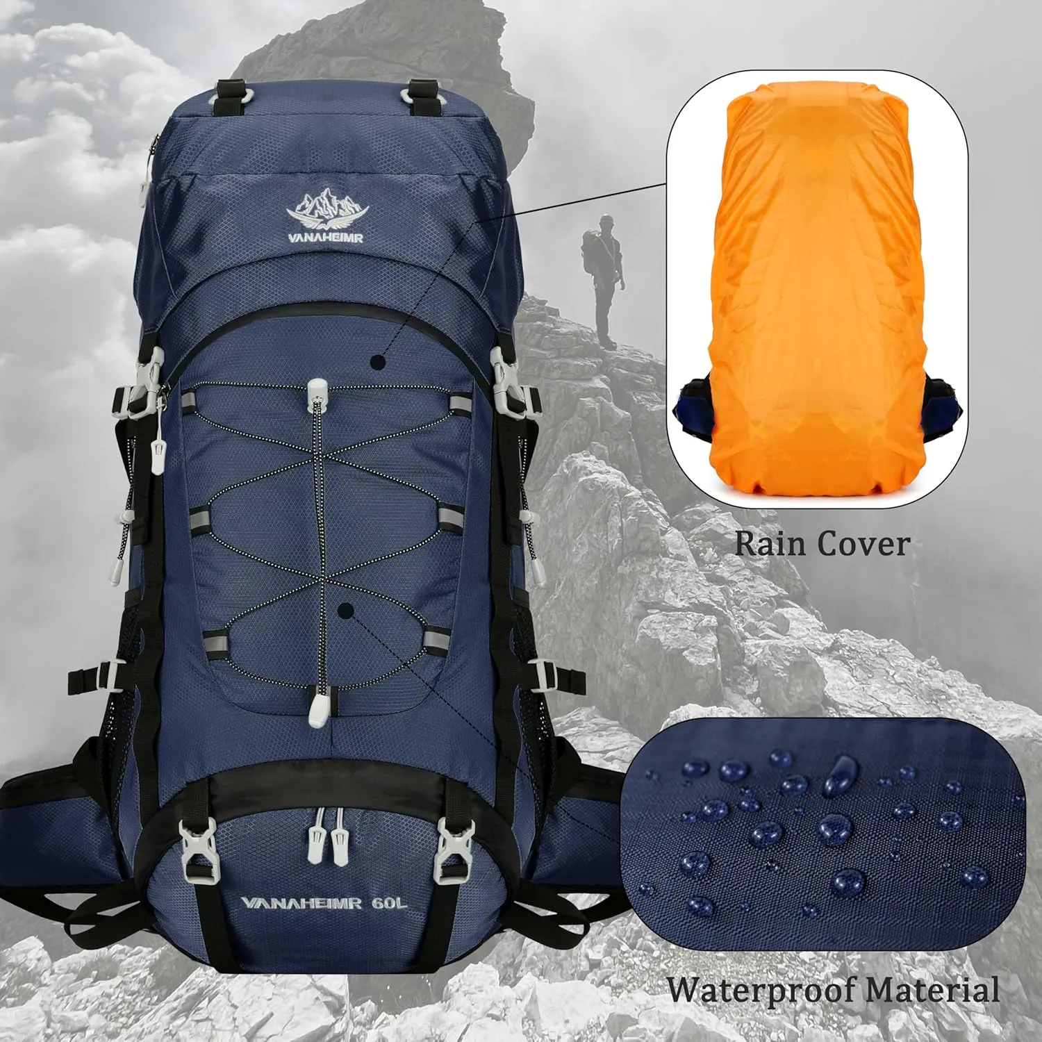 60L Travel Hiking Camping Backpack with Rain Cover, Backpack Water Resistant,Climbing Backpack for Men Women