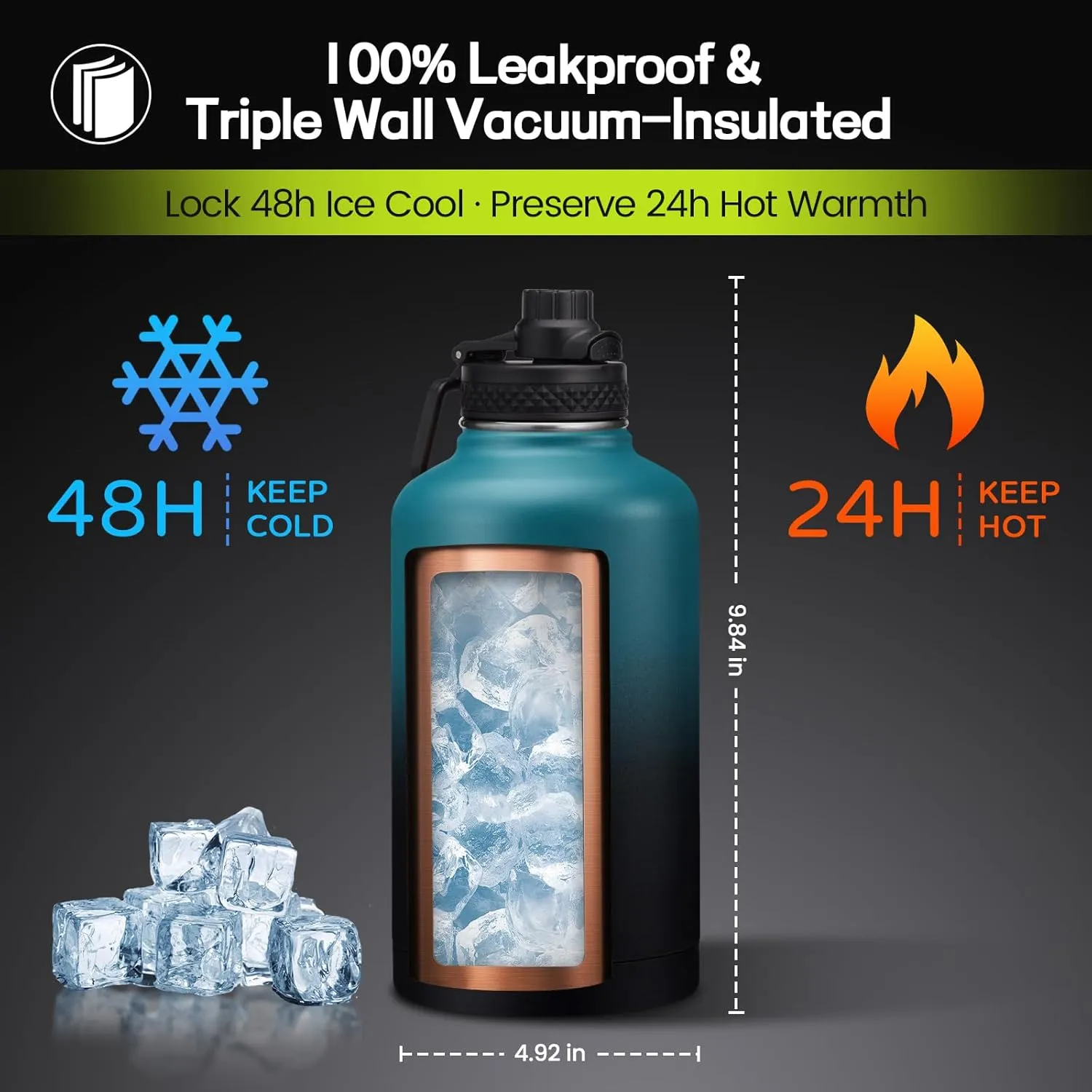 64 oz Water Bottle- Cold for 48Hrs Stainless Steel Insulated Water Bottle Gallon, BPA-Free Sports Water Flask Jug, 1/2 Gallon Cup Purple Water Bottle for Woman Girl
