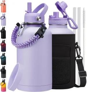 64 oz Water Bottle- Cold for 48Hrs Stainless Steel Insulated Water Bottle Gallon, BPA-Free Sports Water Flask Jug, 1/2 Gallon Cup Purple Water Bottle for Woman Girl