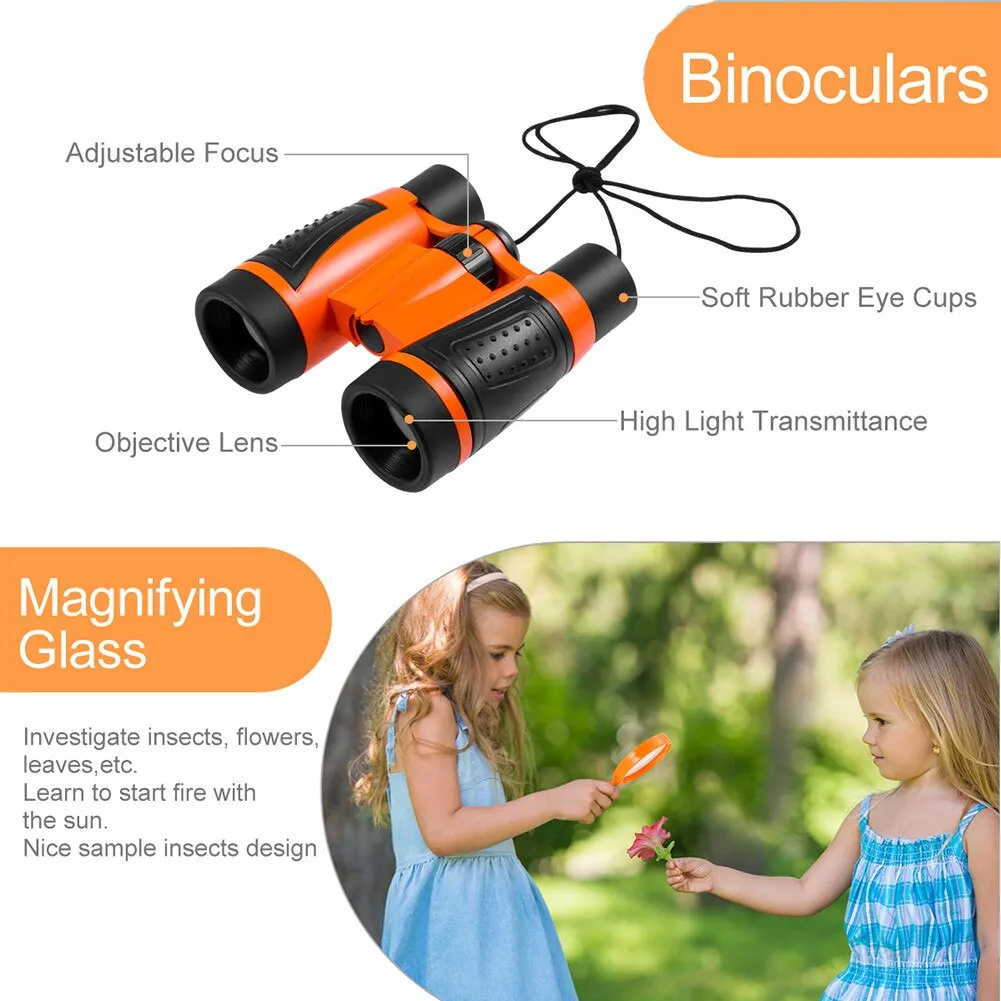 6pcs/set Children Outdoor Exploration Set Binoculars Compass Magnifier Whistle Kids Camping Adventure Pack Educational Toys Gift