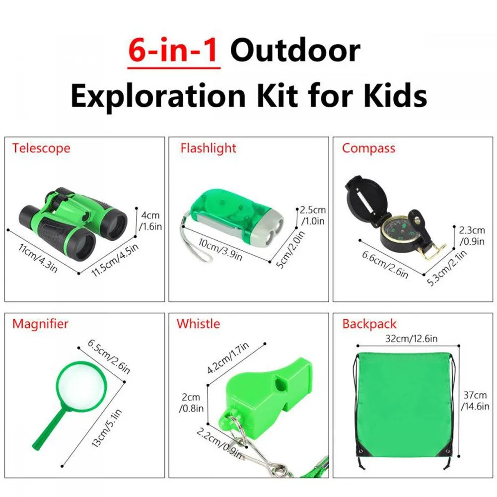6pcs/set Children Outdoor Exploration Set Binoculars Compass Magnifier Whistle Kids Camping Adventure Pack Educational Toys Gift