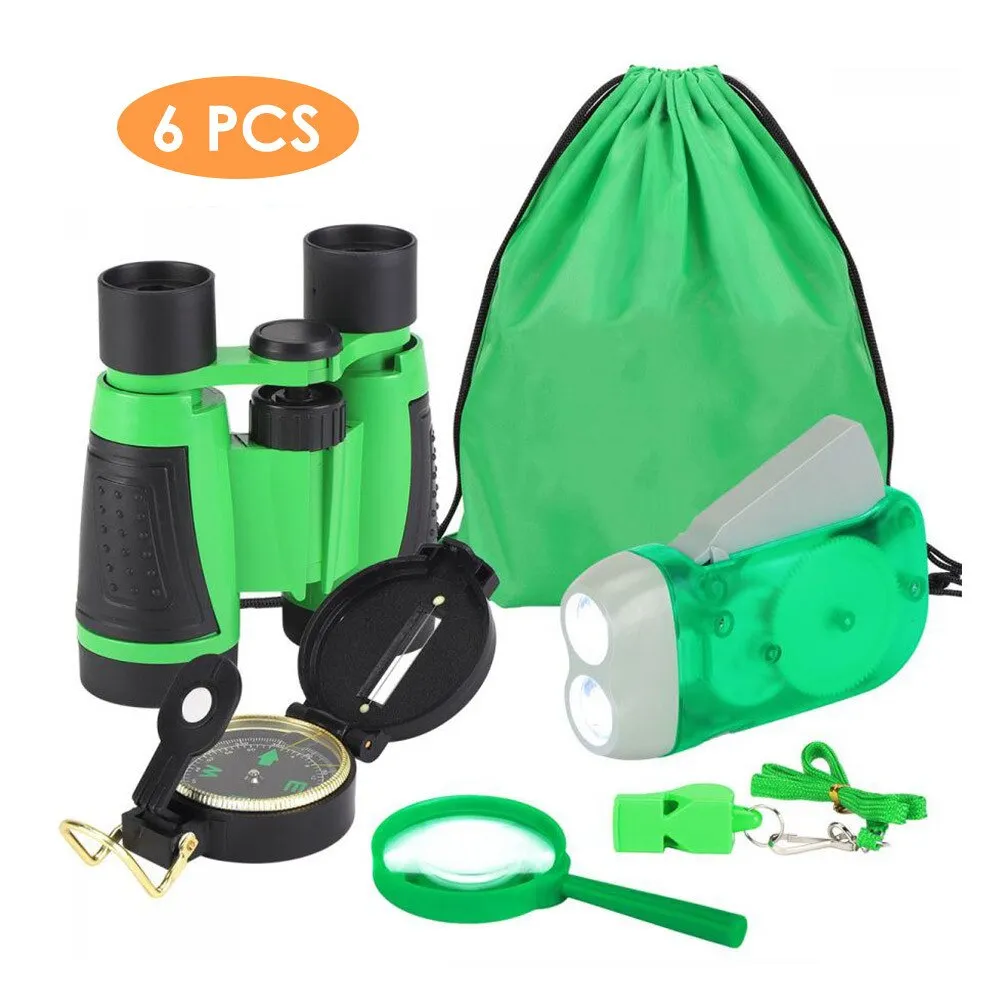 6pcs/set Children Outdoor Exploration Set Binoculars Compass Magnifier Whistle Kids Camping Adventure Pack Educational Toys Gift