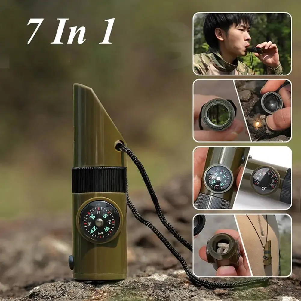 7-in-1 Compass Survival Whistle - Multifunction Outdoor Camping Tool with Lanyard and LED Light for Professional Emergency Safety