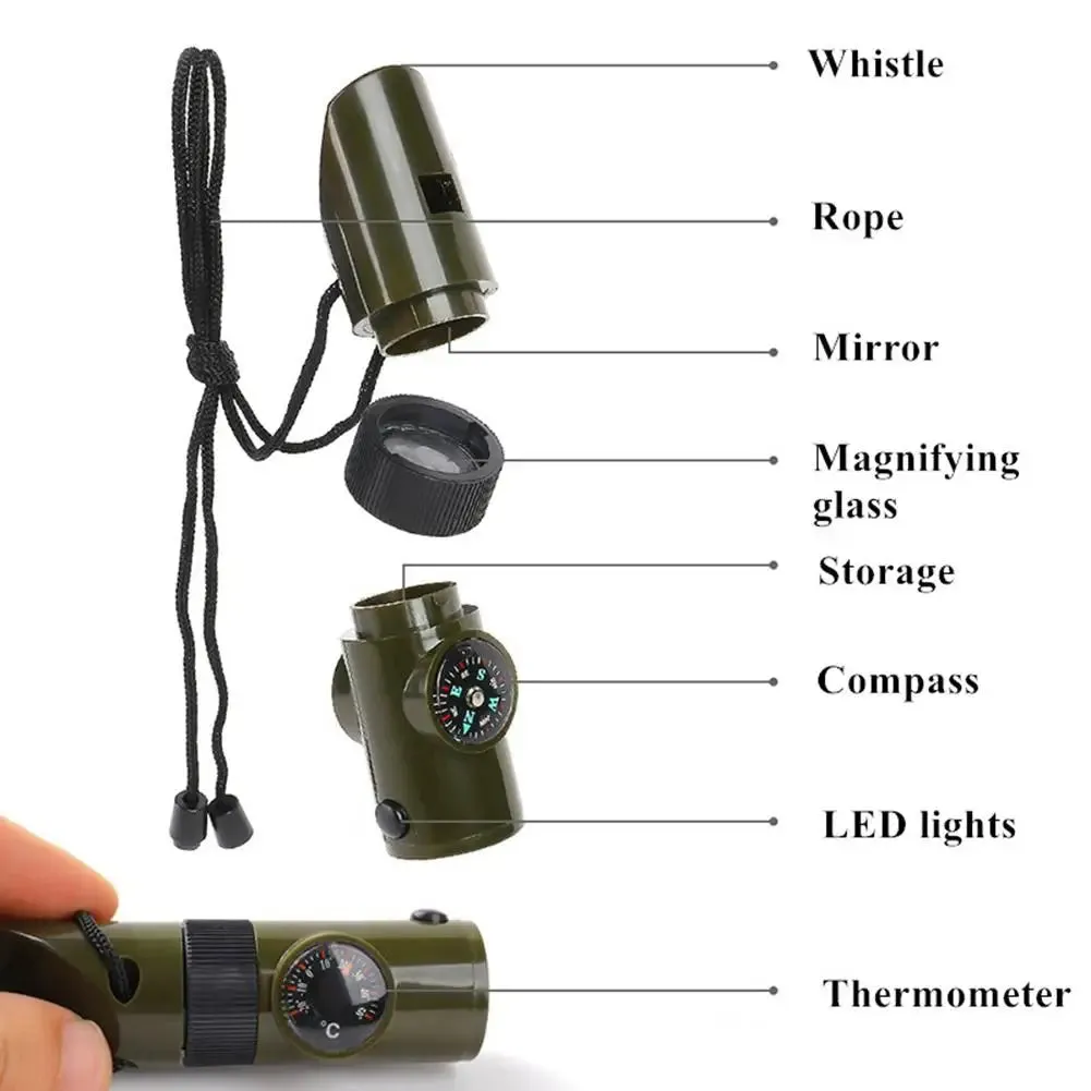 7-in-1 Compass Survival Whistle - Multifunction Outdoor Camping Tool with Lanyard and LED Light for Professional Emergency Safety