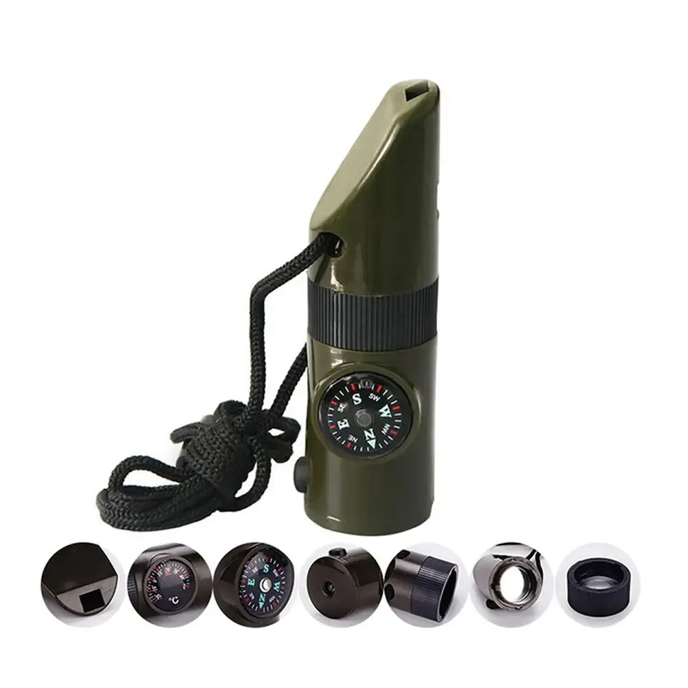 7-in-1 Compass Survival Whistle - Multifunction Outdoor Camping Tool with Lanyard and LED Light for Professional Emergency Safety