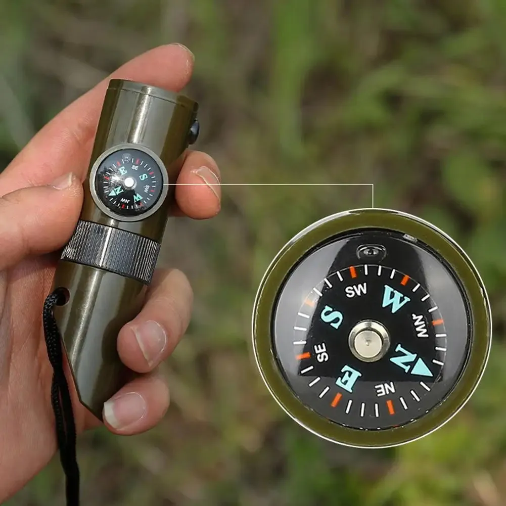 7-in-1 Compass Survival Whistle - Multifunction Outdoor Camping Tool with Lanyard and LED Light for Professional Emergency Safety