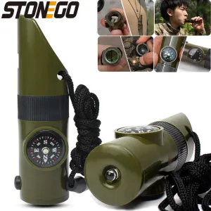 7 in 1 Jungle Survival Whistle Hiking Whistle Compass Mirror Flashlight Magnifier LED Light Thermometer Storage Compass Tool