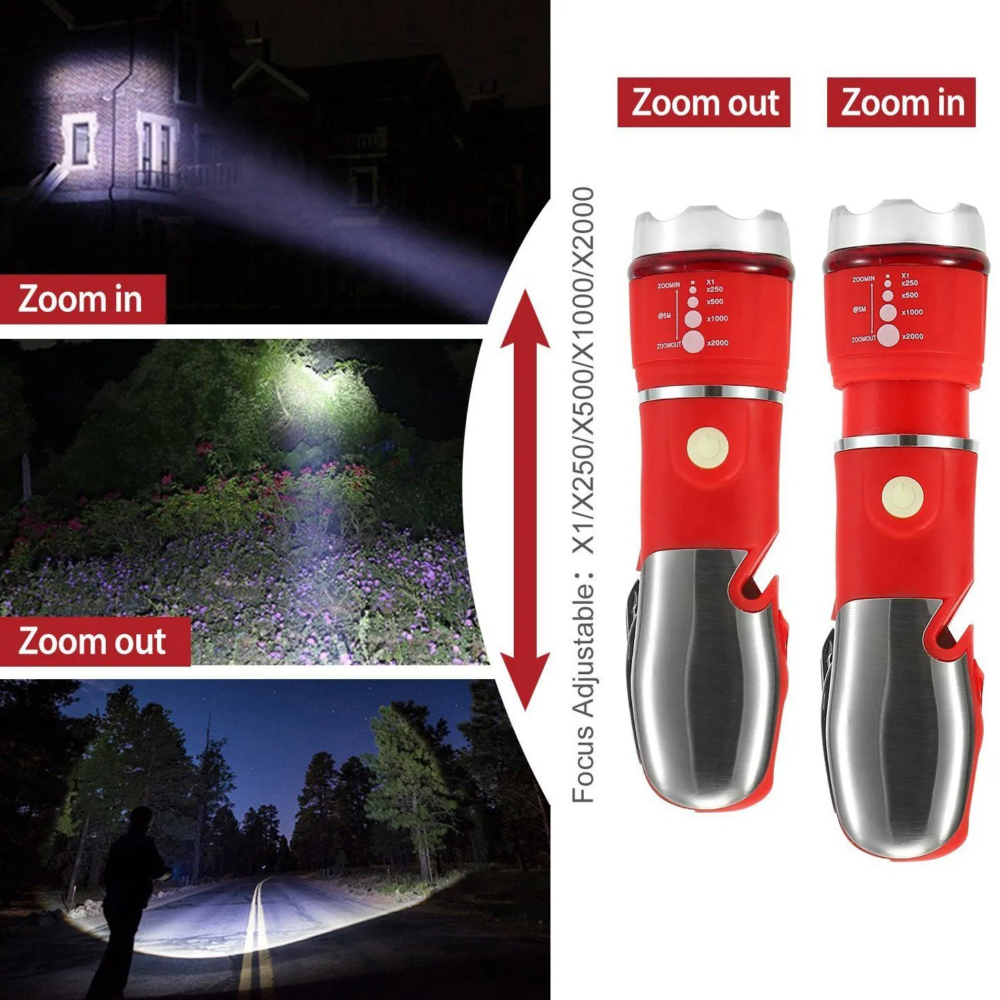 8-in-1 Multi-Tool Hammer Zoomable Emergency Flashlight