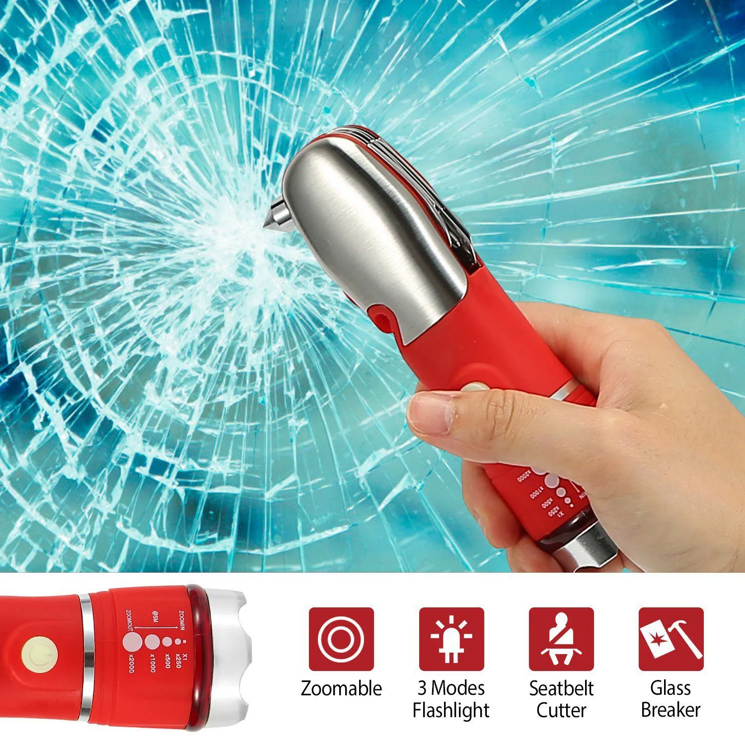 8-in-1 Multi-Tool Hammer Zoomable Emergency Flashlight
