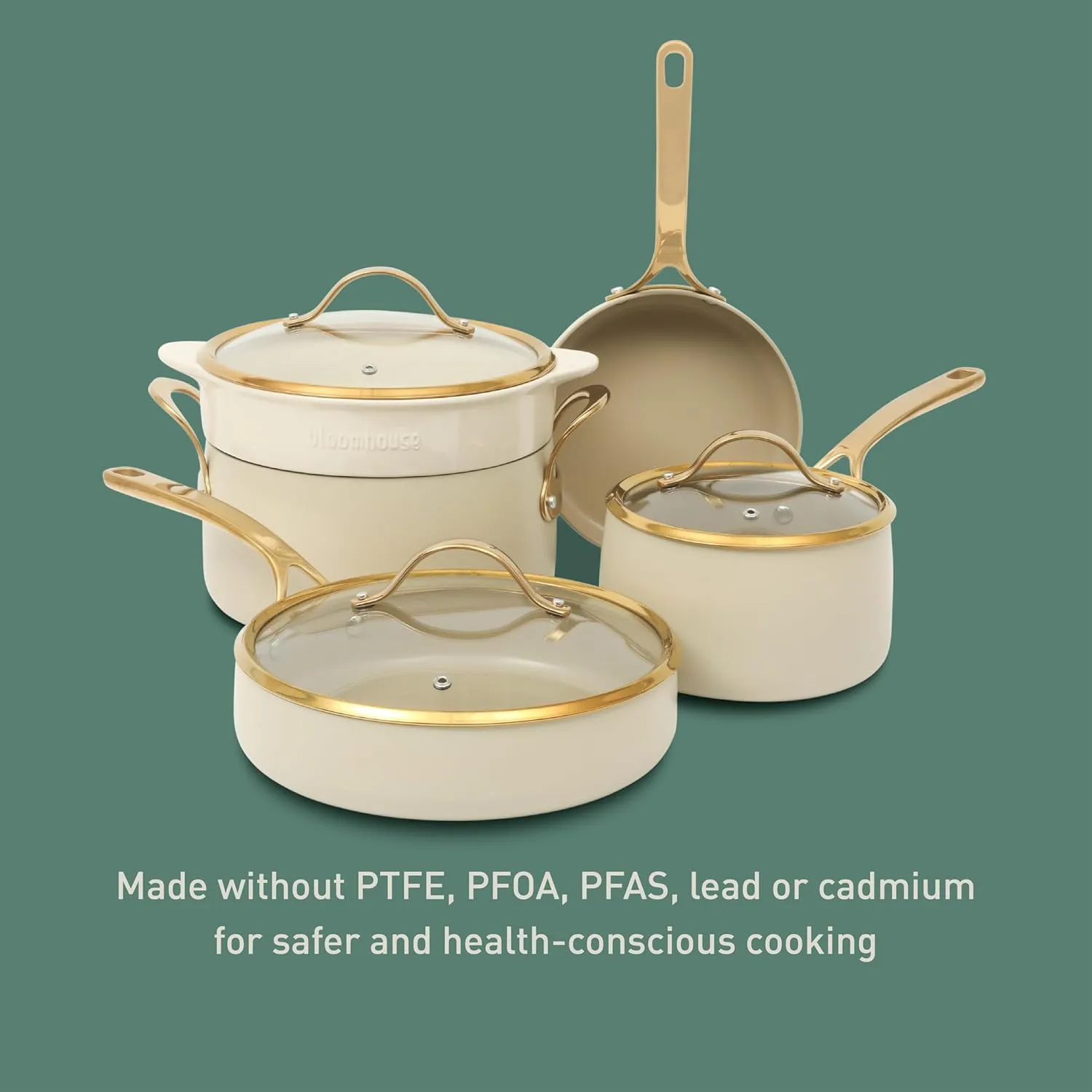 8 Piece Pots and Pans Heavy Duty Aluminum Premium PFA Free Ceramic Nonstick Dutch Oven Pot w/Lid - Almond Cream w/Gold Handle