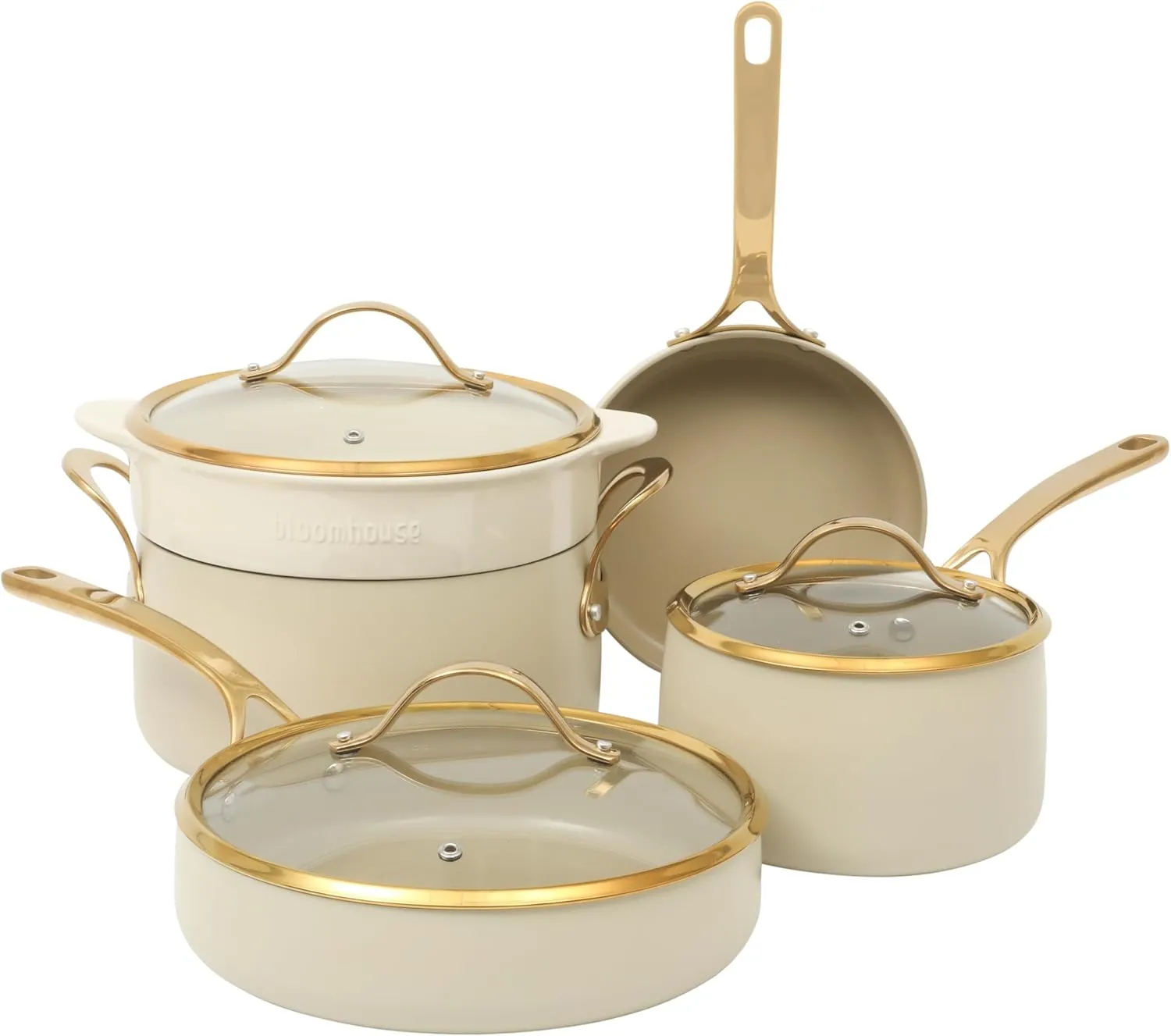 8 Piece Pots and Pans Heavy Duty Aluminum Premium PFA Free Ceramic Nonstick Dutch Oven Pot w/Lid - Almond Cream w/Gold Handle