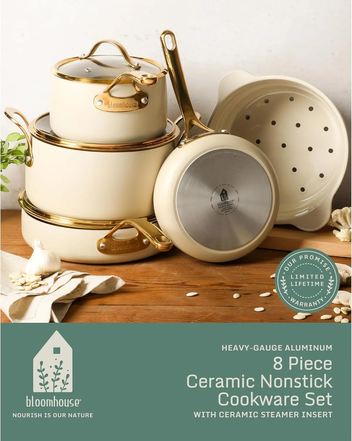 8 Piece Pots and Pans Heavy Duty Aluminum Premium PFA Free Ceramic Nonstick Dutch Oven Pot w/Lid - Almond Cream w/Gold Handle
